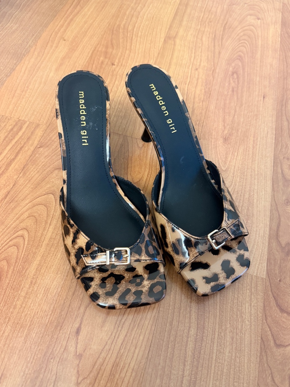 Madden Girl Leopard Print Slide Heels in Tan and Black